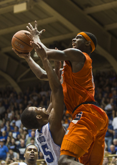 Rodney Hood draws a controversial charge against C.J. Fair in the final seconds of the game. 