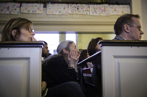 Janet Epstein, director of the Advocacy Center, and Chancellor Kent Syverud listen to a speaker during the annual Take Back the Night event in April. On Friday, Syverud announced major changes to the Advocacy Center and sexual assault resources at SU.