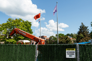 Construction equipment can be seen near Hendricks Chapel, where crews work to replace the building's front steps.