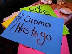 Restaurant workers gathered at Joey’s Italian restaurant in Syracuse to make signs for Monday’s rally. 