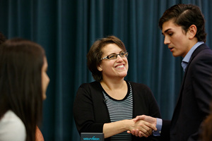 Democratic nominee Dana Balter spoke at a forum Tuesday night in Syracuse University’s Grant Auditorium. 