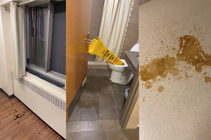 A broken window and shattered beer bottle, a wet floor sign left upside down in a toilet and a spilled beer on the floor are all examples of the destruction students have subjected Flint Hall to.