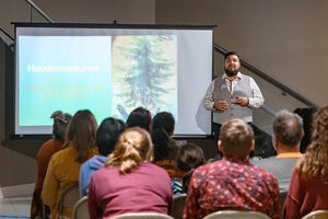 Spencer Lyons tells the story of the Haudenosaunee people and the importance of its preservation as it tends to be forgotten in history. The presentation, called 