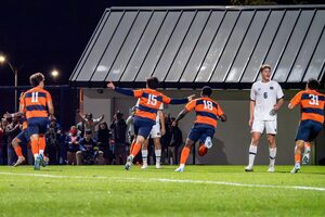 Syracuse and Notre Dame combined to score three goals in seven minutes during the second half, but SU prevailed 2-1 for its first ACC win.