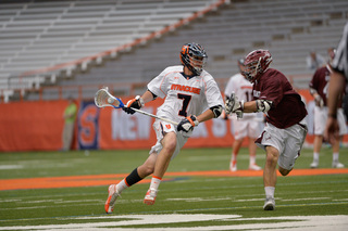 Senior Derek Maltz dodges down the right alley while a Colgate defender shadows him. 