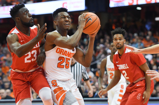 Syracuse guard Tyus Battle drives to the hoop while being guarded by Cornell's Joel Davis. Battle shot 40 percent from 3. 