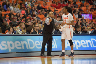 Hillsman and Amaya Finklea-Guity discuss between game action. 