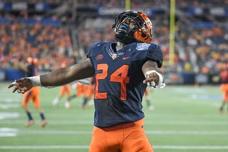 Shyheim Cullen celebrates after a play. He had one tackle for loss in the game. 